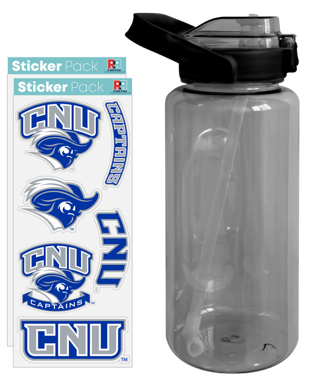Christopher Newport Captains Waterproof Stickers with 64 oz Large Water Bottle with Screw-on Top and Straw Officially Licensed Product Single