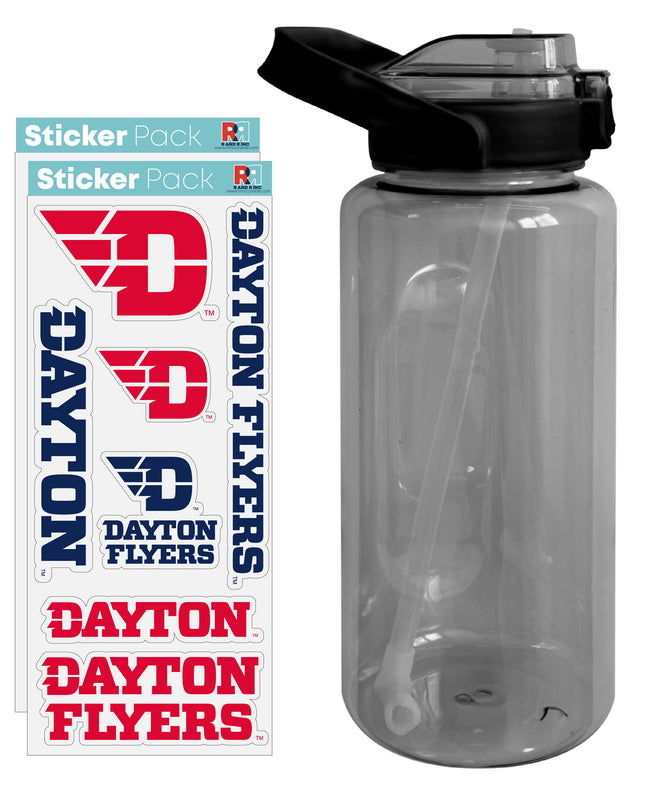 Dayton Flyers Waterproof Stickers with 64 oz Large Water Bottle with Screw-on Top and Straw Officially Licensed Product Single