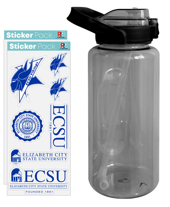 Elizabeth City State University Waterproof Stickers with 64 oz Large Water Bottle with Screw-on Top and Straw Officially Licensed Product 4-Pack