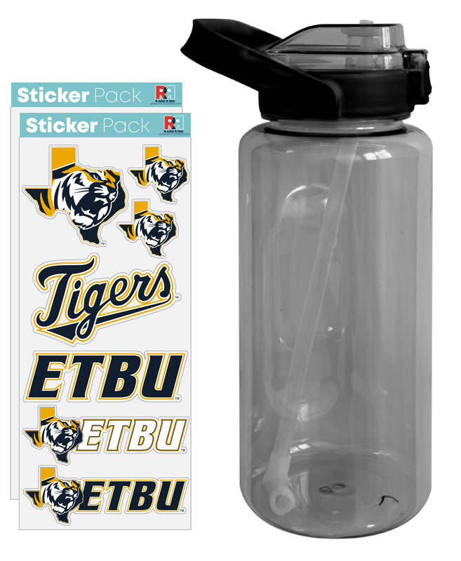 East Texas Baptist University Waterproof Stickers with 64 oz Large Water Bottle with Screw-on Top and Straw Officially Licensed Product 4-Pack