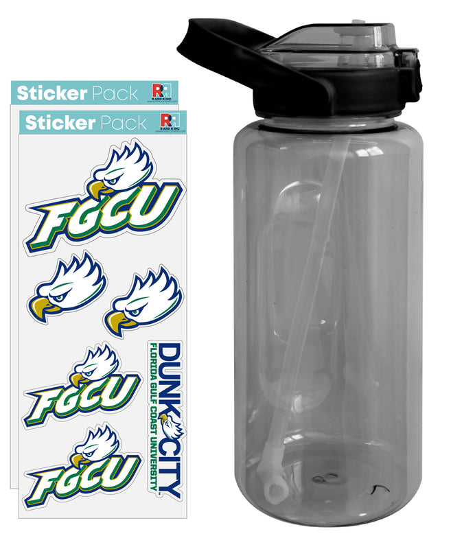 Florida Gulf Coast Eagles Waterproof Stickers with 64 oz Large Water Bottle with Screw-on Top and Straw Officially Licensed Product 4-Pack