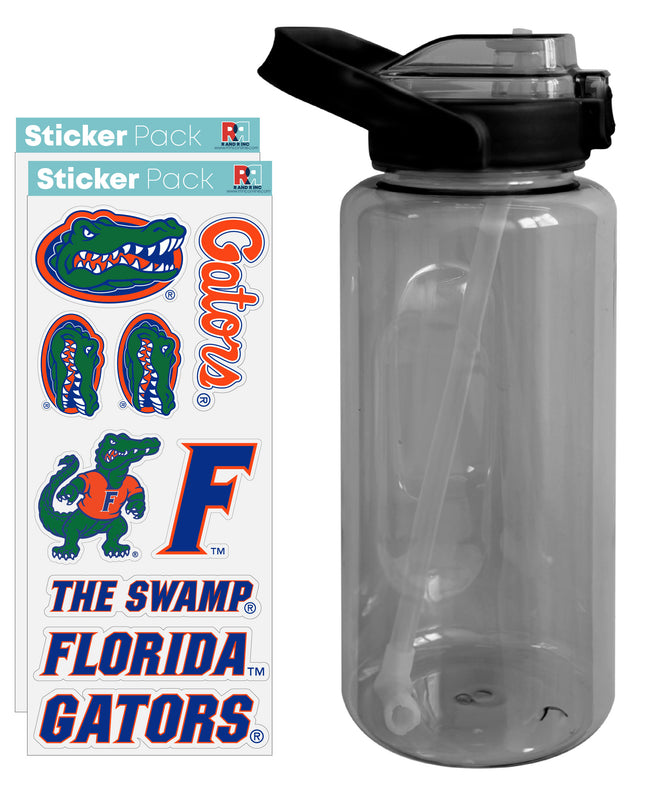 Florida Gators Waterproof Stickers with 64 oz Large Water Bottle with Screw-on Top and Straw Officially Licensed Product 2-Pack