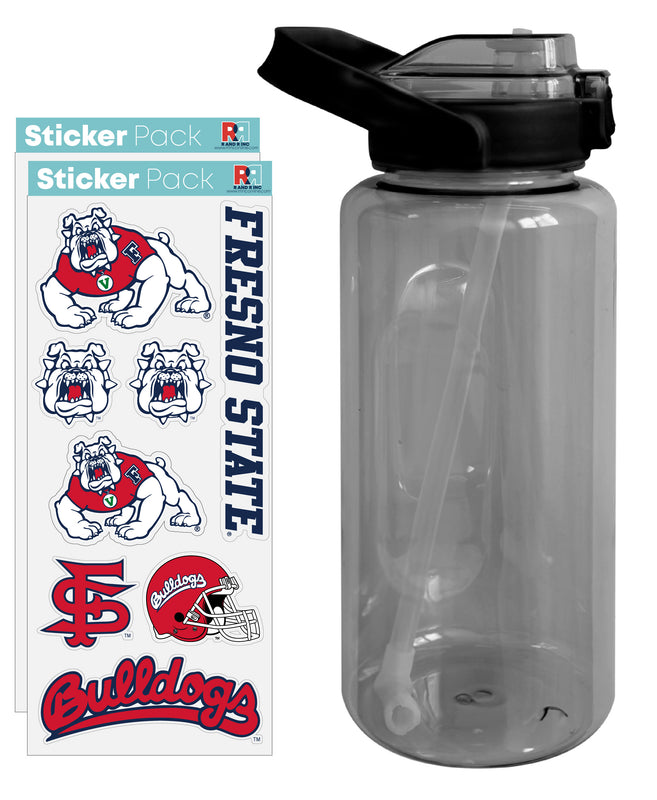 Fresno State Bulldogs Waterproof Stickers with 64 oz Large Water Bottle with Screw-on Top and Straw Officially Licensed Product 2-Pack
