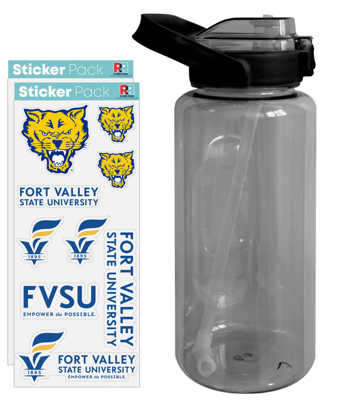 Fort Valley State University Waterproof Stickers with 64 oz Large Water Bottle with Screw-on Top and Straw Officially Licensed Product 4-Pack