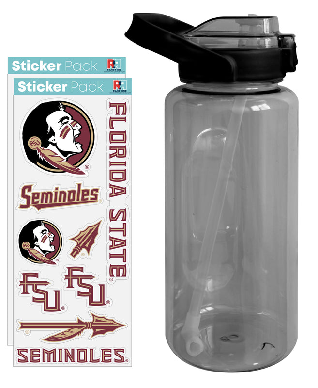 Florida State Seminoles Waterproof Stickers with 64 oz Large Water Bottle with Screw-on Top and Straw Officially Licensed Product Single
