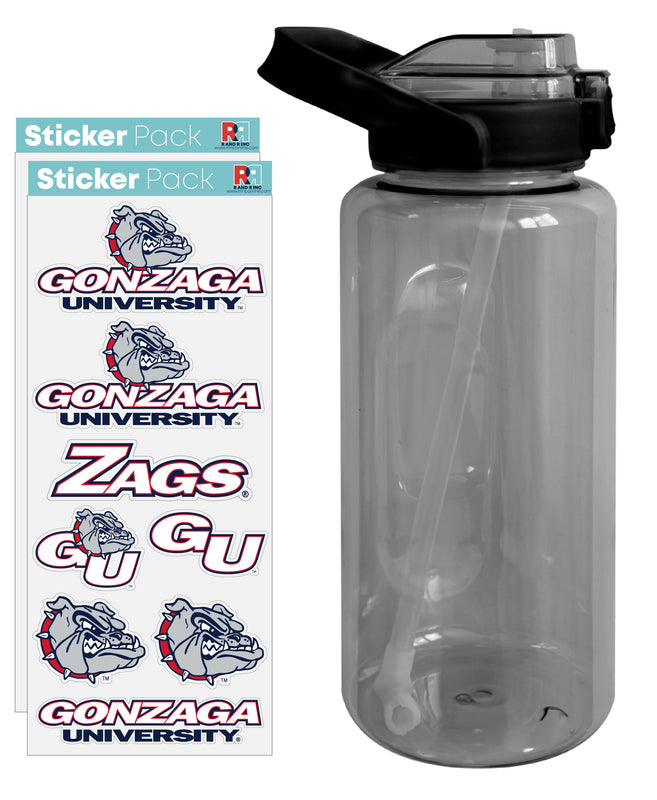 Gonzaga Bulldogs Waterproof Stickers with 64 oz Large Water Bottle with Screw-on Top and Straw Officially Licensed Product 4-Pack