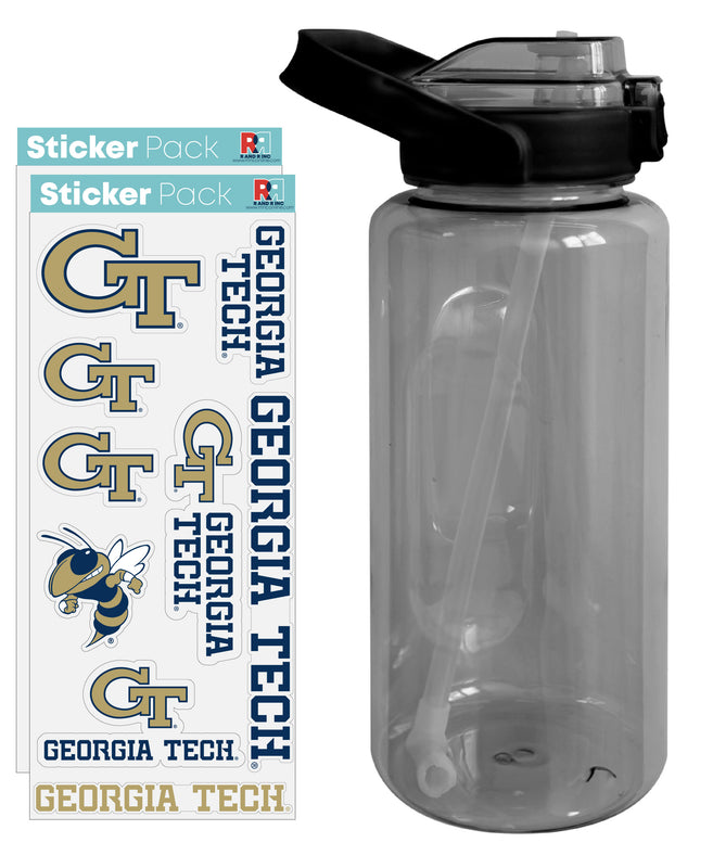 Georgia Tech Yellow Jackets Waterproof Stickers with 64 oz Large Water Bottle with Screw-on Top and Straw Officially Licensed Product Single