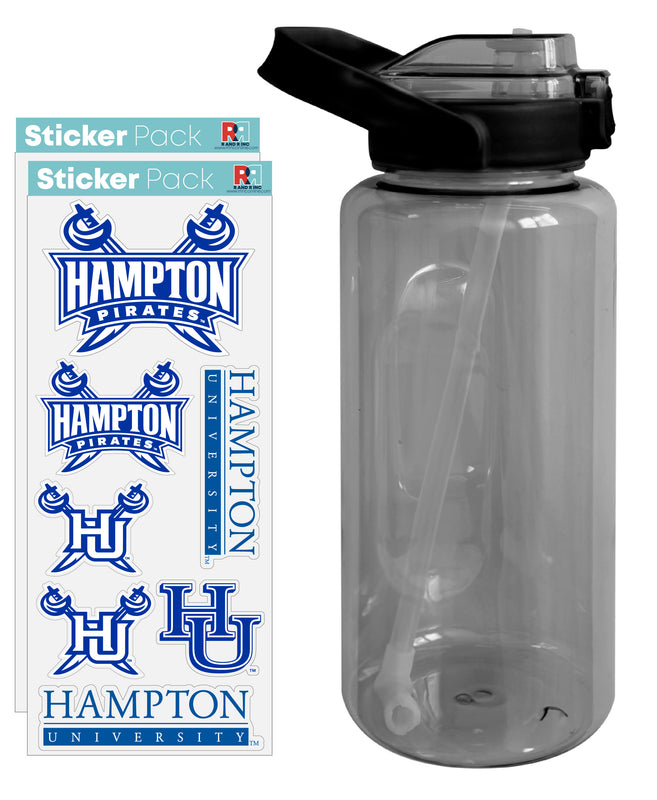 Hampton University Waterproof Stickers with 64 oz Large Water Bottle with Screw-on Top and Straw Officially Licensed Product Single