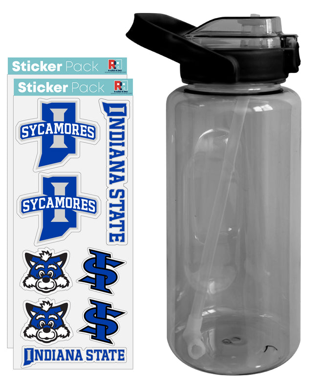 Indiana State University Waterproof Stickers with 64 oz Large Water Bottle with Screw-on Top and Straw Officially Licensed Product Single