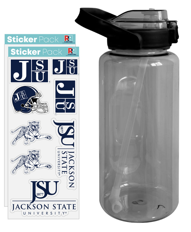 Jackson State University Waterproof Stickers with 64 oz Large Water Bottle with Screw-on Top and Straw Officially Licensed Product Single