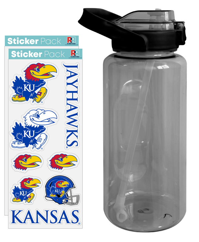 Kansas Jayhawks Waterproof Stickers with 64 oz Large Water Bottle with Screw-on Top and Straw Officially Licensed Product Single