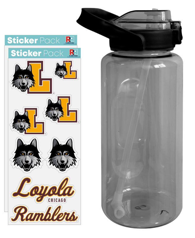 Loyola University Ramblers Waterproof Stickers with 64 oz Large Water Bottle with Screw-on Top and Straw Officially Licensed Product Single