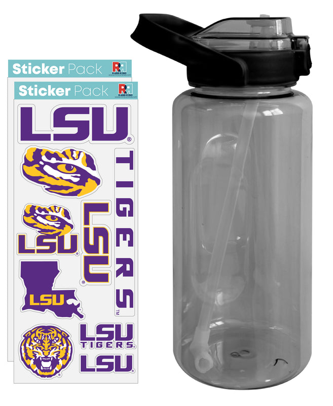 LSU Tigers Waterproof Stickers with 64 oz Large Water Bottle with Screw-on Top and Straw Officially Licensed Product 2-Pack