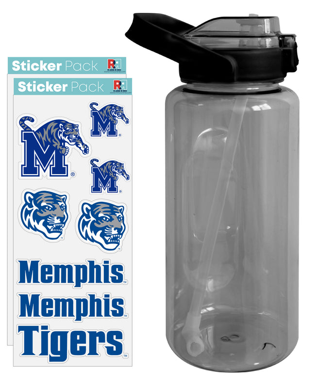 Memphis Tigers Waterproof Stickers with 64 oz Large Water Bottle with Screw-on Top and Straw Officially Licensed Product Single