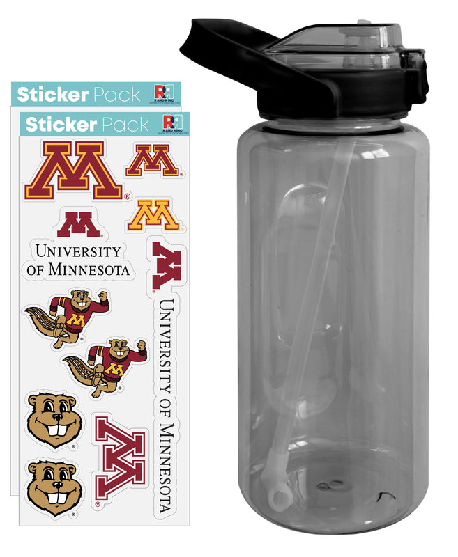 Minnesota Gophers Waterproof Stickers with 64 oz Large Water Bottle with Screw-on Top and Straw Officially Licensed Product Single