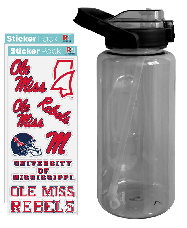 Mississippi Rebels "Ole Miss" Waterproof Stickers with 64 oz Large Water Bottle with Screw-on Top and Straw Officially Licensed Product Single
