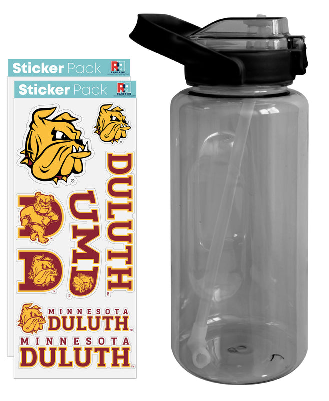 Minnesota Duluth Bulldogs Waterproof Stickers with 64 oz Large Water Bottle with Screw-on Top and Straw Officially Licensed Product 2-Pack