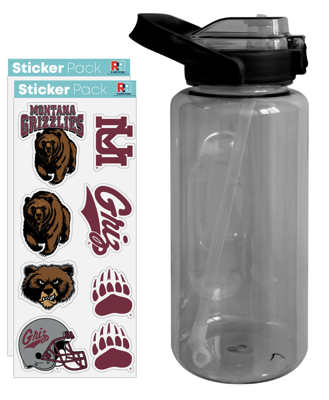 Montana University Waterproof Stickers with 64 oz Large Water Bottle with Screw-on Top and Straw Officially Licensed Product Single