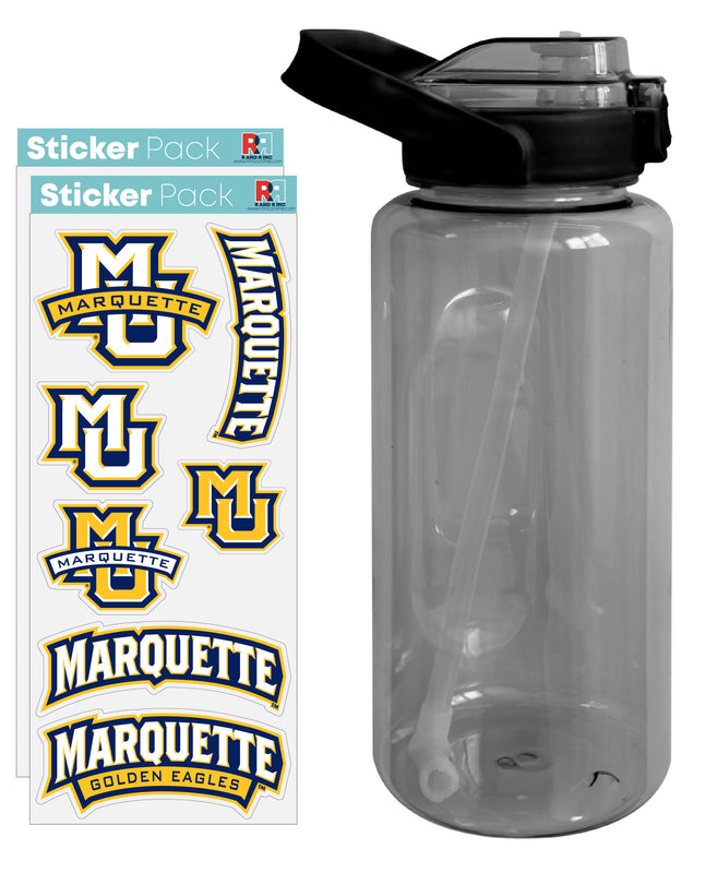 Marquette Golden Eagles Waterproof Stickers with 64 oz Large Water Bottle with Screw-on Top and Straw Officially Licensed Product 2-Pack
