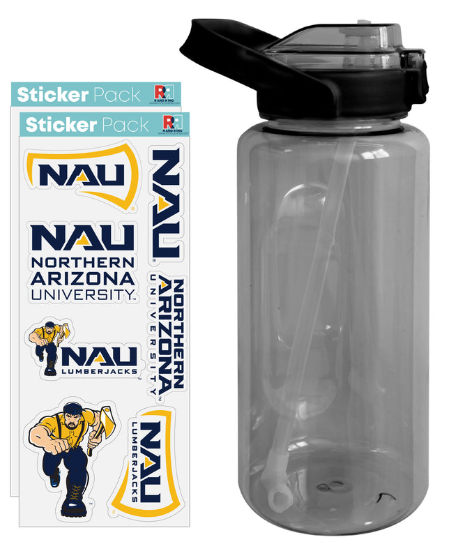 Northern Arizona University Waterproof Stickers with 64 oz Large Water Bottle with Screw-on Top and Straw Officially Licensed Product Single