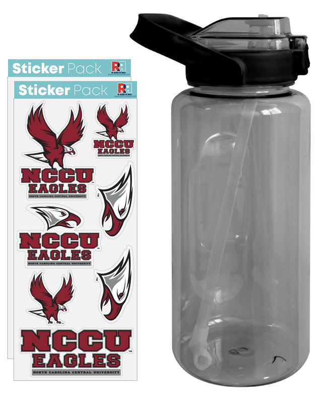 64 oz Large Water Bottle with North Carolina Central Eagles Waterproof Stickers, Screw-on Top and Straw Officially Licensed Product