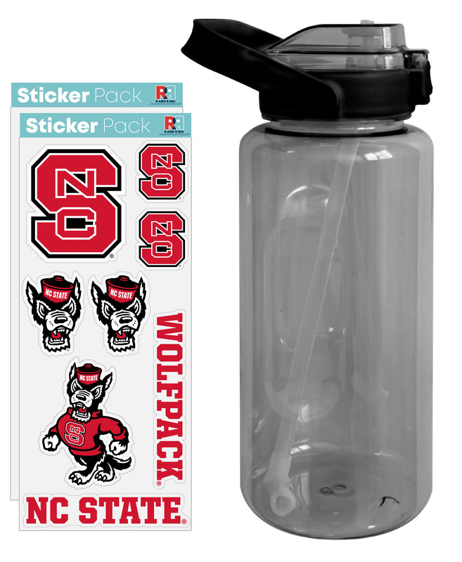 NC State Wolfpack Waterproof Stickers with 64 oz Large Water Bottle with Screw-on Top and Straw Officially Licensed Product 2-Pack