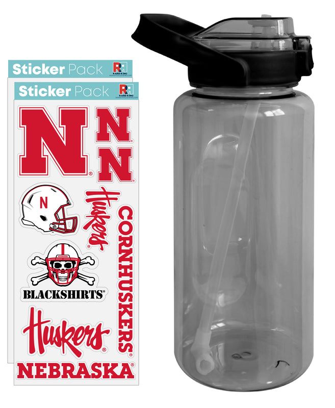 Nebraska Cornhuskers Waterproof Stickers with 64 oz Large Water Bottle with Screw-on Top and Straw Officially Licensed Product 2-Pack