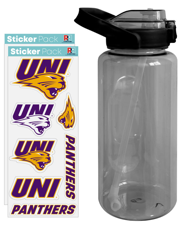 Northern Iowa Panthers Waterproof Stickers with 64 oz Large Water Bottle with Screw-on Top and Straw Officially Licensed Product Single