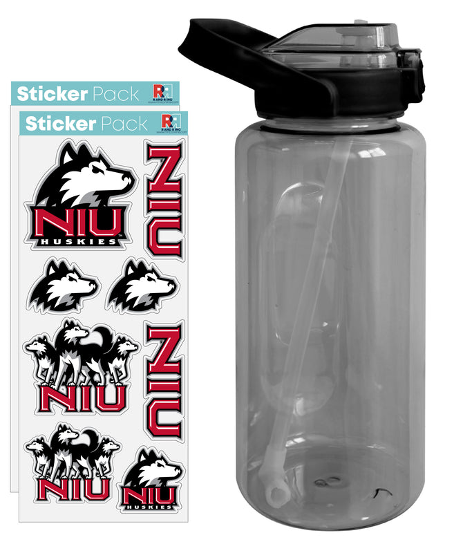 Northern Illinois Huskies Waterproof Stickers with 64 oz Large Water Bottle with Screw-on Top and Straw Officially Licensed Product Single