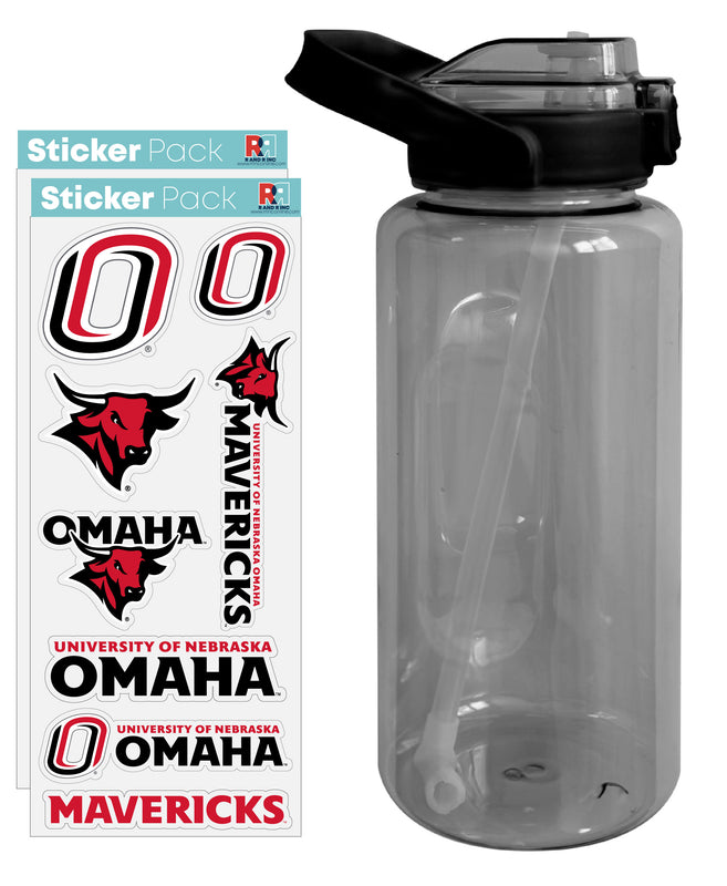 Nebraska at Omaha Waterproof Stickers with 64 oz Large Water Bottle with Screw-on Top and Straw Officially Licensed Product Single