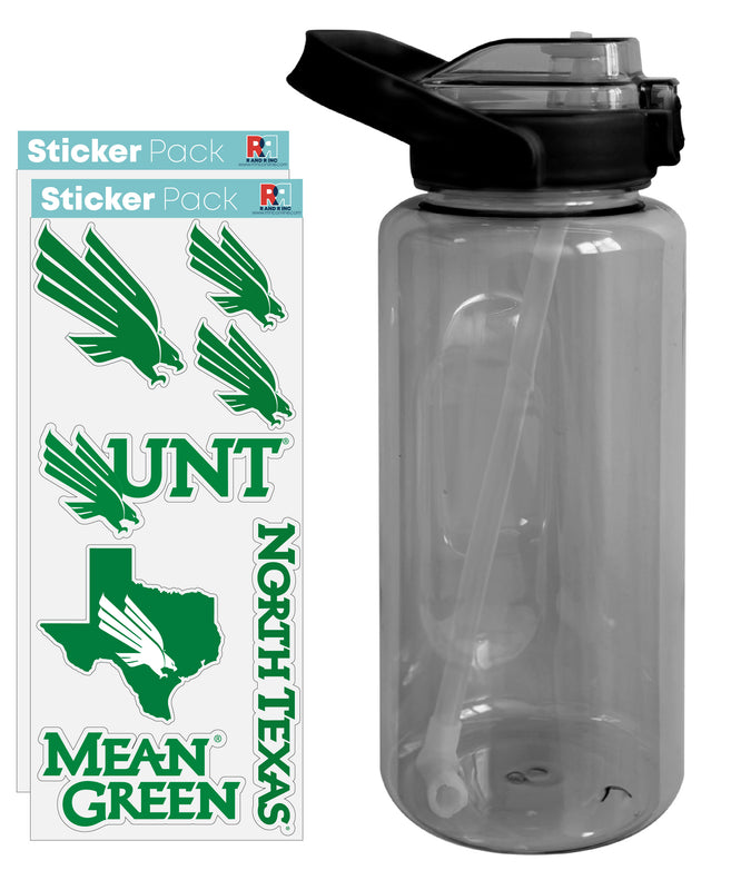North Texas Waterproof Stickers with 64 oz Large Water Bottle with Screw-on Top and Straw Officially Licensed Product 2-Pack