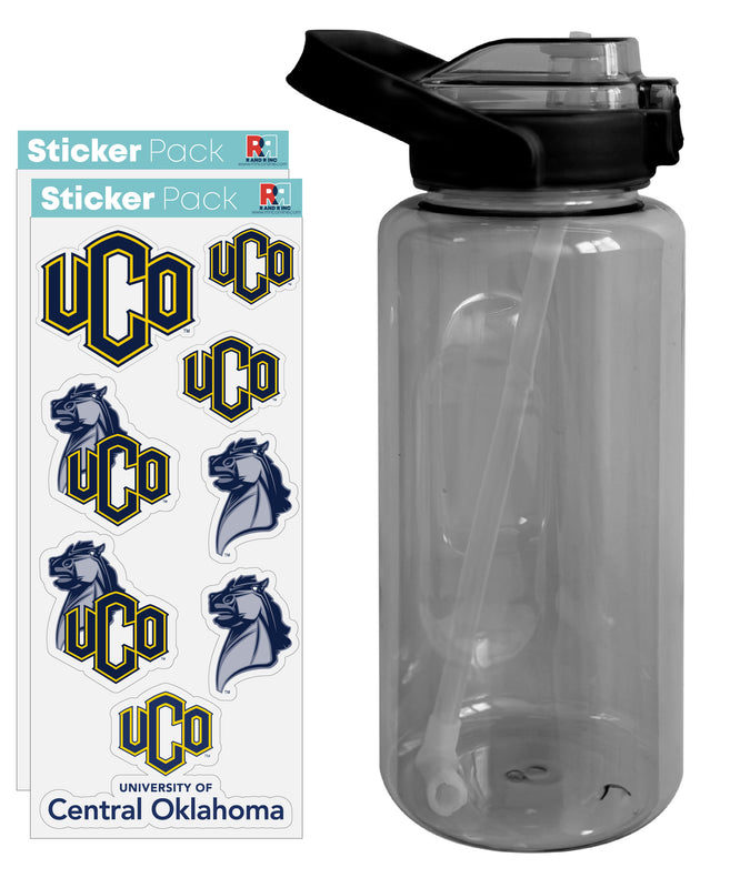 University of Central Oklahoma Bronchos Waterproof Stickers with 64 oz Large Water Bottle with Screw-on Top and Straw Officially Licensed Product 2-Pack