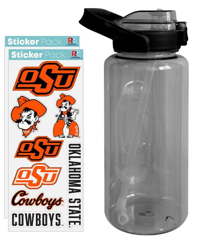 Oklahoma State Cowboys Waterproof Stickers with 64 oz Large Water Bottle with Screw-on Top and Straw Officially Licensed Product 2-Pack