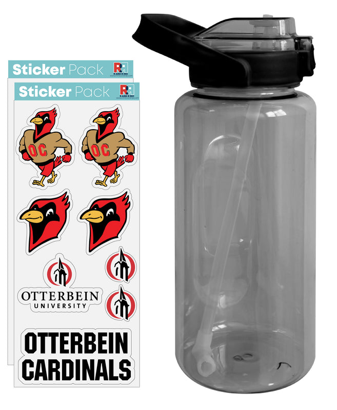 Otterbein University Waterproof Stickers with 64 oz Large Water Bottle with Screw-on Top and Straw Officially Licensed Product Single