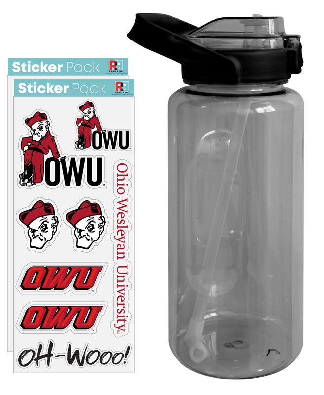 Ohio Wesleyan University Waterproof Stickers with 64 oz Large Water Bottle with Screw-on Top and Straw Officially Licensed Product Single