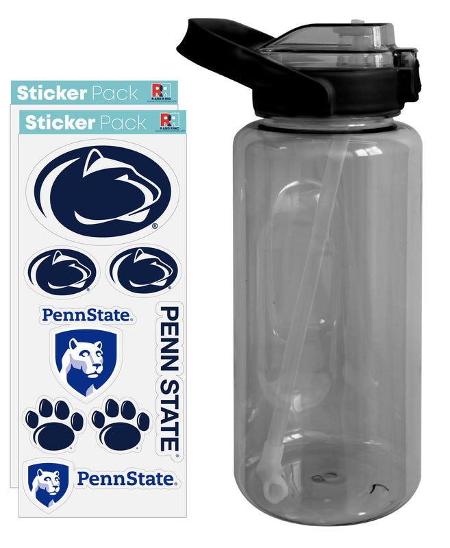 Penn State Nittany Lions Waterproof Stickers with 64 oz Large Water Bottle with Screw-on Top and Straw Officially Licensed Product Single