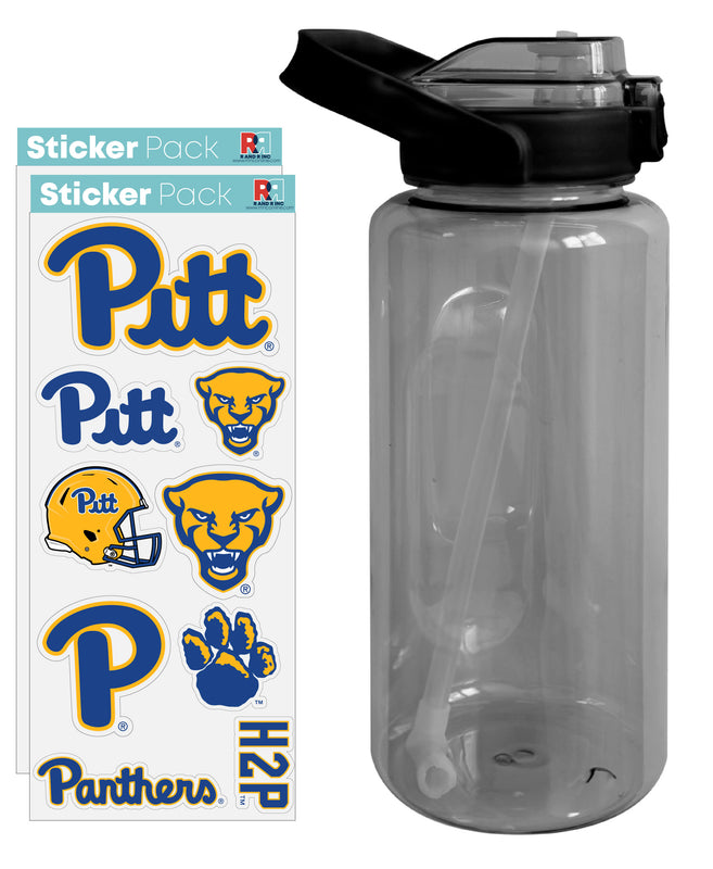 Pittsburgh Panthers Waterproof Stickers with 64 oz Large Water Bottle with Screw-on Top and Straw Officially Licensed Product 2-Pack