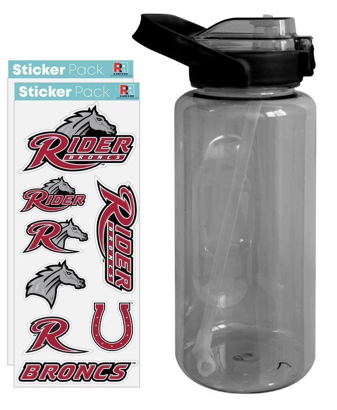Rider University Broncs Waterproof Stickers with 64 oz Large Water Bottle with Screw-on Top and Straw Officially Licensed Product 2-Pack