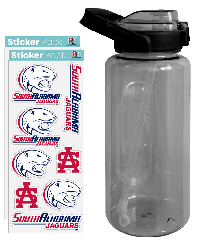 University of South Alabama Waterproof Stickers with 64 oz Large Water Bottle with Screw-on Top and Straw Officially Licensed Product Single