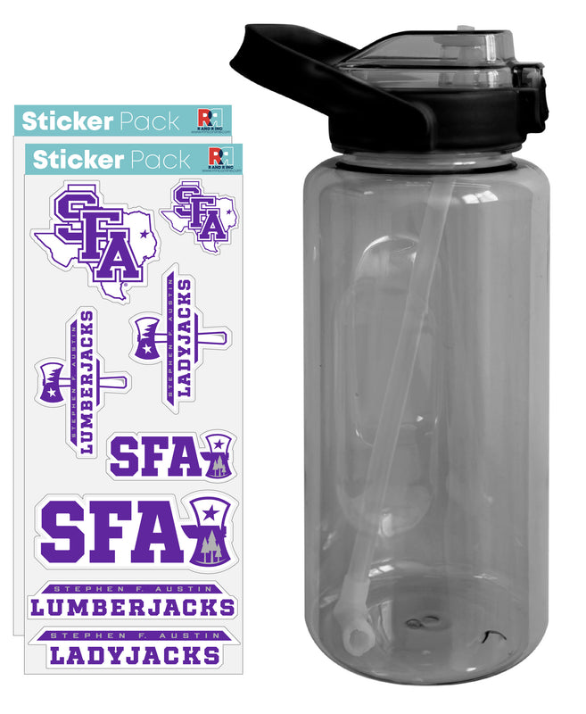 Stephen F. Austin State University Waterproof Stickers with 64 oz Large Water Bottle with Screw-on Top and Straw Officially Licensed Product Single