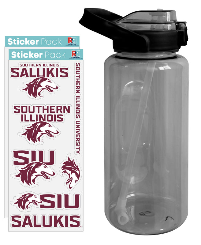 Southern Illinois Salukis Waterproof Stickers with 64 oz Large Water Bottle with Screw-on Top and Straw Officially Licensed Product Single