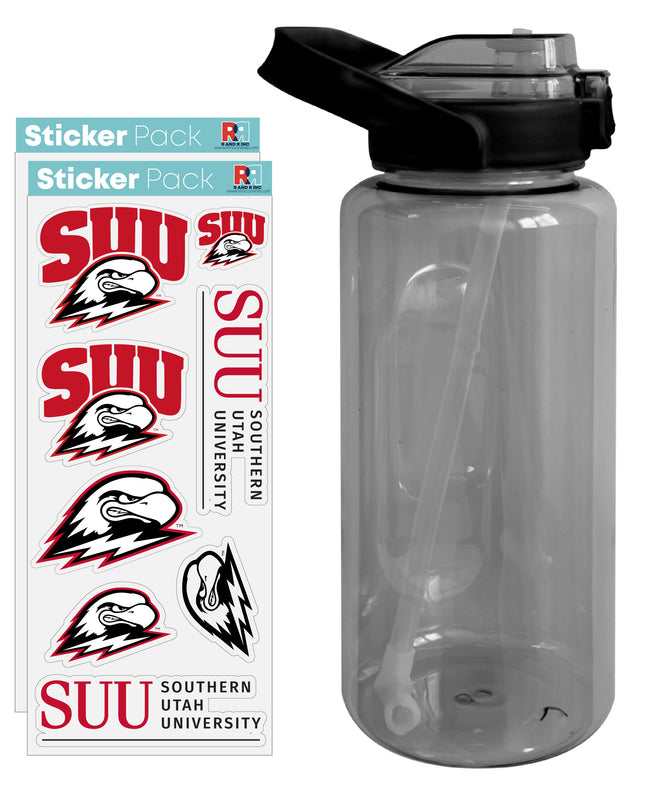 Southern Utah University Waterproof Stickers with 64 oz Large Water Bottle with Screw-on Top and Straw Officially Licensed Product 4-Pack