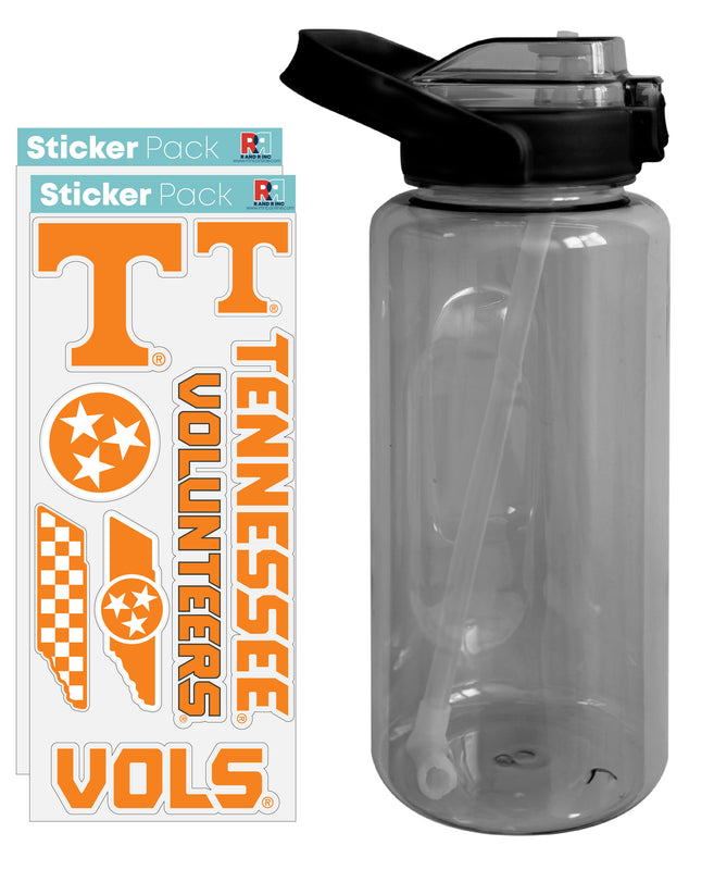 Tennessee Knoxville Volunteers Waterproof Stickers with 64 oz Large Water Bottle with Screw-on Top and Straw Officially Licensed Product Single