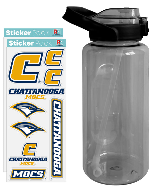 University of Tennessee at Chattanooga Waterproof Stickers with 64 oz Large Water Bottle with Screw-on Top and Straw Officially Licensed Product Single