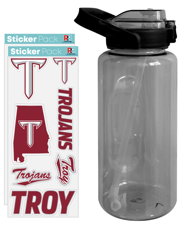 Troy University Waterproof Stickers with 64 oz Large Water Bottle with Screw-on Top and Straw Officially Licensed Product Single