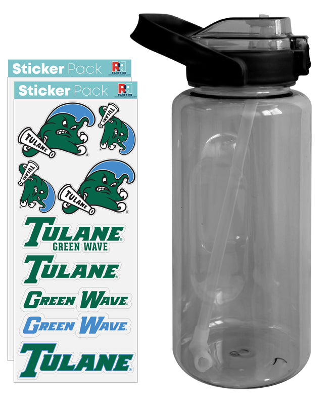 Tulane University Green Wave Waterproof Stickers with 64 oz Large Water Bottle with Screw-on Top and Straw Officially Licensed Product 4-Pack