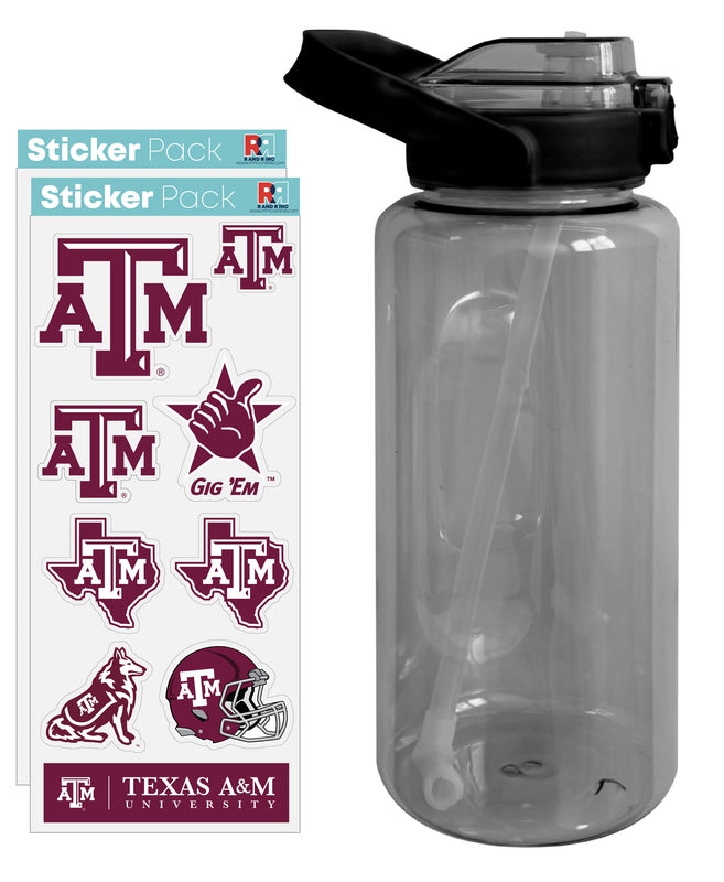 Texas A&M Aggies Waterproof Stickers with 64 oz Large Water Bottle with Screw-on Top and Straw Officially Licensed Product Single