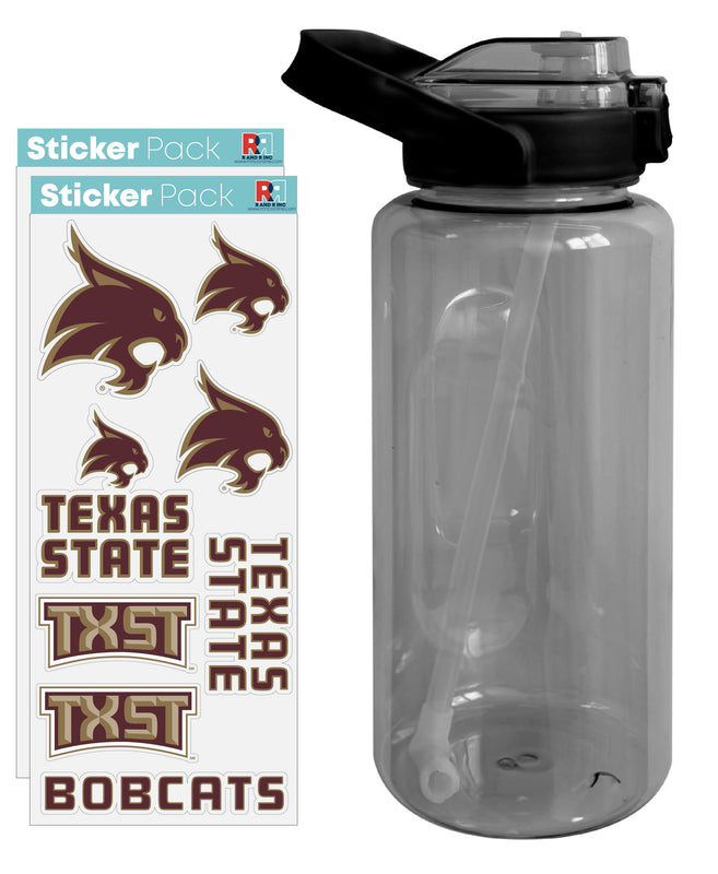 Texas State Bobcats Waterproof Stickers with 64 oz Large Water Bottle with Screw-on Top and Straw Officially Licensed Product 2-Pack
