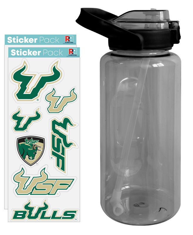 South Florida Bulls Waterproof Stickers with 64 oz Large Water Bottle with Screw-on Top and Straw Officially Licensed Product Single
