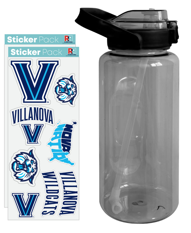 64 oz Large Water Bottle with Villanova Wildcats Waterproof Stickers, Screw-on Top and Straw Officially Licensed Product